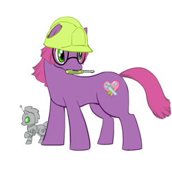 Size: 800x800 | Tagged: safe, artist:queblock, oc, oc only, oc:heart fixer, earth pony, pony, robot, robot pony, clothes, engineer, female, hard hat, hat, mare, mouth hold, screwdriver, simple background, solo, white background