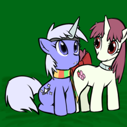 Size: 512x512 | Tagged: safe, artist:sildre, oc, oc only, oc:star glitter, oc:strawberry fluff, earth pony, pony, unicorn, clothes, duo, fake horn, female, horn, looking up, mare, scarf, sitting
