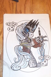 Size: 403x604 | Tagged: safe, artist:randomproxy, pony, g3, coloring book corruptions, lich king, looking back, ponified, solo, sword, traditional art, warcraft, weapon