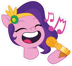 Size: 942x868 | Tagged: safe, artist:prixy05, pipp petals, pegasus, pony, g5, my little pony: a zephyr heights mystery, my little pony: tell your tale, diadem, emoji, eyes closed, female, jewelry, mare, microphone, music notes, open mouth, regalia, simple background, singing, solo, transparent background, vector