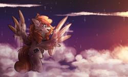 Size: 1802x1093 | Tagged: safe, artist:lonerdemiurge_nail, oc, oc only, pegasus, pony, cloud, female, flying, mare, open mouth, smiling, solo, spread wings, stars, wings