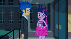 Size: 1904x1064 | Tagged: safe, screencap, flash sentry, twilight sparkle, human, equestria girls, g4, my little pony equestria girls, animated, blushing, clothes, dress, duo, duo male and female, fall formal outfits, female, gif, loop, male, sleeveless, sleeveless dress, strapless, strapless dress, suit, twilight ball dress