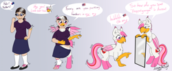 Size: 2985x1234 | Tagged: safe, artist:skyward, oc, oc:foxxy hooves, hippogriff, human, accent, american flag, australian flag, blushing, clothes, coat markings, eye color change, female, glasses, gradient background, hippogriff oc, human to hippogriff, lidded eyes, mirror, open mouth, ponytail, reflection, self paradox, self ponidox, shirt, shoes, skirt, socks, socks (coat markings), speech bubble, torn clothes, torn socks, transformation, transformation sequence, twinning