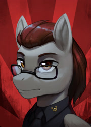Size: 1552x2164 | Tagged: safe, artist:mrscroup, oc, oc only, oc:dark wing, pegasus, pony, equestria at war mod, bust, clothes, glasses, hammer and horseshoe, necktie, portrait, shirt, solo