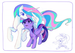 Size: 1894x1345 | Tagged: safe, artist:comxbal, princess celestia, twilight sparkle, alicorn, earth pony, g4, concave belly, crying, duo, duo female, female, floppy ears, height difference, hug, mare, momlestia, physique difference, simple background, twilight sparkle (alicorn), white background, winghug, wings