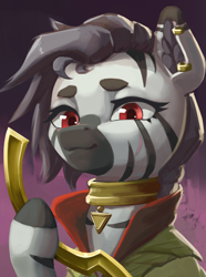 Size: 3120x4200 | Tagged: safe, artist:printik, oc, oc only, oc:matanzal, zebra, equestria at war mod, bust, clothes, ear piercing, earring, jewelry, necklace, piercing, portrait, solo