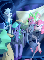 Size: 2000x2692 | Tagged: safe, artist:twotail813, oc, oc only, unnamed oc, seapony (g4), equestria at war mod, g4, bioluminescent, bubble, classroom, clothes, crepuscular rays, dorsal fin, eyelashes, eyeshadow, fin, fin wings, fins, fish tail, flag, floppy ears, flowing mane, flowing tail, lidded eyes, looking at each other, looking at someone, looking at you, makeup, messy mane, ocean, open mouth, purple eyes, scales, seaquestria, seaweed, spread wings, sternocleidomastoid, sunlight, swimming, tail, talking, underwater, uniform, water, wings