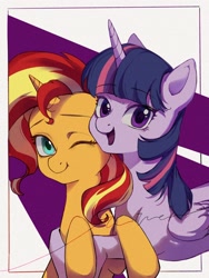 Size: 1668x2224 | Tagged: safe, sunset shimmer, twilight sparkle, alicorn, g4, duo, duo female, female, hug, sunshine shimmer, twilight sparkle (alicorn)