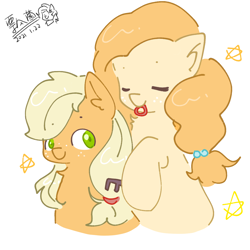 Size: 1080x1080 | Tagged: safe, artist:piaojun55154, applejack, pear butter, earth pony, pony, duo, eyes closed, female, mare, mother and child, mother and daughter, smiling
