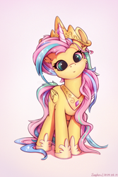 Size: 1200x1800 | Tagged: safe, artist:zeepheru_pone, fluttershy, pegasus, pony, g4, celestia costume, cosplay, costume, crown, cute, ear fluff, fake horn, female, hoof shoes, horn, jewelry, looking at you, mare, regalia, shyabetes, shylestia, simple background, smiling, solo