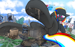 Size: 4000x2500 | Tagged: safe, artist:darky_wings, oc, oc only, oc:darky wings, pegasus, pony, augmented reality, butt, city, crushing, destruction, dirty, dirty hooves, featureless crotch, female, fetish, footprint, game, giantess, hoof focus, hooves, macro, mare, micro, plot, raised hoof, soles, stomp, stomped, stomping, unaware, underhoof, vore, vr headset