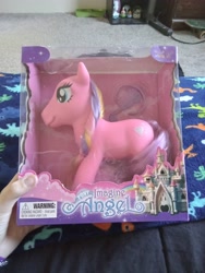 Size: 2448x3264 | Tagged: safe, earth pony, pony, ages 3+, blue eyes, bootleg, box, brushable, castle, choking hazard, comb, female, figure, jewelry, mare, multicolored hair, photo, pink coat, pony imagine angel, purple tail, solo, tail, text, tiara, toy