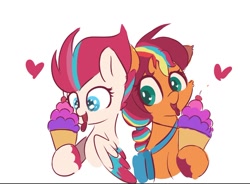 Size: 1058x777 | Tagged: safe, artist:skylinepony_, sunny starscout, zipp storm, earth pony, pegasus, pony, g5, adorazipp, colored wings, cute, duo, eating, female, food, heart, heart eyes, herbivore, ice cream, ice cream cone, licking, mane stripe sunny, multicolored wings, simple background, sunny's bag, sunnybetes, tongue out, unshorn fetlocks, white background, wingding eyes, wings