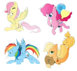 Size: 1179x1080 | Tagged: safe, artist:comxbal, applejack, fluttershy, pinkie pie, rainbow dash, butterfly, earth pony, pegasus, pony, seapony (g4), g4, applejack's hat, balloon, cowboy hat, dorsal fin, eyes closed, female, fin, fish tail, flowing mane, hat, mare, open mouth, open smile, scales, seaponified, seapony applejack, simple background, sitting, smiling, snorting, species swap, spread wings, swimming, tail, white background, wings