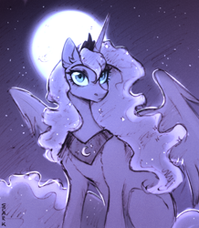 Size: 1640x1883 | Tagged: safe, artist:sparkling_light, princess luna, alicorn, pony, g4, crown, female, horn, jewelry, looking at you, mare, moon, peytral, regalia, solo, spread wings, wings