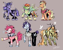 Size: 1336x1054 | Tagged: safe, artist:justvoidsdumbstuff1, applejack, fluttershy, pinkie pie, rainbow dash, rarity, twilight sparkle, butterfly, earth pony, pegasus, pony, unicorn, g4, alternate color palette, alternate cutie mark, alternate design, antlers, applejack's hat, bag, bald face, bandaid, bangs, beard, blaze (coat marking), blonde mane, blonde tail, blue coat, blush sticker, blushing, bracelet, brown background, chest fluff, chin fluff, coat markings, colored, colored hooves, colored muzzle, colored wings, colored wingtips, cowboy hat, curly mane, curly tail, curved horn, dot eyes, ears back, emanata, eyelashes, eyes closed, eyeshadow, facial hair, facial markings, feather, feather in hair, female, fetlock tuft, frown, goggles, goggles on head, gray hooves, hair bun, hat, height difference, hooves, horn, hunched over, jewelry, lidded eyes, long legs, long mane, long tail, makeup, mane 6 redesign, mane six, mane six redesign, mare, multicolored hair, multicolored hooves, multicolored mane, multicolored tail, multicolored wings, narrowed eyes, physique difference, pink coat, pink mane, pink tail, plewds, ponytail, profile, purple coat, purple hooves, purple mane, purple tail, rainbow hair, rainbow tail, raised hoof, raised leg, redesign, ruffles, saddle bag, scroll, shawl, shiny hooves, short hair rainbow dash, short mane, signature, simple background, smiling, smoldash, socks (coat markings), solo, spread wings, standing, straight mane, straight tail, straw in mouth, striped horn, tail, tallershy, text, thin legs, tied mane, tied tail, tongue out, two toned coat, two toned wings, unicorn beard, unicorn horn, unicorn twilight, unshorn fetlocks, wings, wings down, yellow coat, yoke