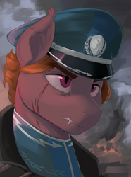 Size: 2340x3150 | Tagged: safe, artist:kelkessel, oc, oc only, oc:red foam, bat pony, pony, equestria at war mod, bust, cap, clothes, fangs, hat, portrait, scar, solo