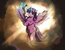 Size: 2047x1578 | Tagged: safe, artist:tkotu434, twilight sparkle, alicorn, pony, g4, my little pony: the movie, cloud, female, flying, gem, hoof hold, light, sky, solo, spread wings, wings