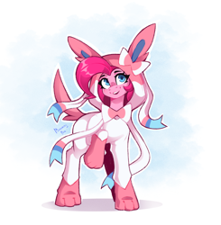 Size: 2006x2044 | Tagged: safe, artist:buvanybu, part of a set, pinkie pie, earth pony, pony, sylveon, g4, clothes, costume, female, kigurumi, mare, open mouth, open smile, pokémon, raised hoof, smiling, solo
