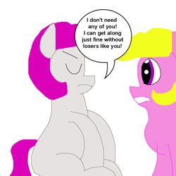 Size: 1000x1000 | Tagged: safe, artist:mastermarik, starlight (g1), sweetheart, earth pony, pony, g1, my little pony tales, 2011, dialogue, discorded, duo, duo female, eyes closed, female, frown, simple background, sitting, speech bubble, tail, white background