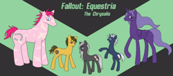 Size: 2523x1106 | Tagged: safe, artist:pain-jam-cookie, oc, oc only, oc:dusty trails, oc:echo (the chrysalis), oc:sickle, oc:starlight, oc:whisper, alicorn, earth pony, pony, unicorn, fallout equestria, fanfic:fallout equestria: the chrysalis, alicorn oc, disguise, disguised changeling, earth pony oc, fanfic art, horn, unicorn oc, wings