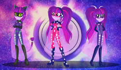 Size: 2584x1500 | Tagged: safe, artist:machakar52, sci-twi, twilight sparkle, human, equestria girls, g4, alternate hairstyle, antennae, bodysuit, boots, cat ears, clothes, cosplay, costume, crossed arms, crossover, female, gloves, hand on hip, hands behind back, headphones, ladybiquity, marinette dupain-cheng, mask, miraculous ladybug, pigtails, ponytail, shoes, smiling