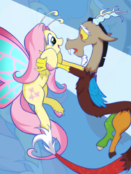 Size: 1752x2336 | Tagged: safe, artist:我是昵称, discord, fluttershy, draconequus, flutter pony, pony, abstract background, female, holding, looking at each other, looking at someone, mare, species swap, unshorn fetlocks