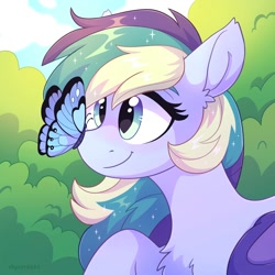 Size: 2000x2000 | Tagged: safe, artist:skysorbett, oc, oc only, oc:wisty starshine, bat pony, butterfly, pony, bat pony oc, bush, butterfly on nose, chest fluff, cloud, folded wings, high res, insect on nose, raised hoof, sky, smiling, solo, sparkling mane, wings