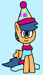 Size: 521x892 | Tagged: safe, artist:gillianthecreator36, first base, pegasus, pony, g4, adorabase, blue background, closed mouth, clothes, clown, clown base, clown hat, cute, cyan background, female, filly, foal, hat, pegasus first base, race swap, simple background, sitting, smiling, solo, tights