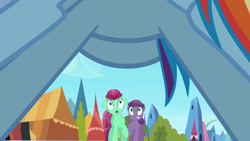 Size: 1920x1080 | Tagged: safe, screencap, grape gem, jade pot, rainbow dash, crystal pony, pegasus, pony, g4, the crystal empire, background pony, crystal empire, female, framed by legs, male, mare, open mouth, out of context, outdoors, raised hoof, shocked, shocked expression, stallion, surprised, tail