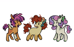 Size: 1400x900 | Tagged: safe, artist:camo_ty, part of a set, apple bloom, scootaloo, sweetie belle, earth pony, pegasus, pony, unicorn, g4, alternate accessories, alternate color palette, alternate design, alternate hairstyle, alternate mane color, alternate tail color, alternate tailstyle, bandage, bandaged leg, beanbrows, bonnet, bow, brown hooves, chubby, coat markings, colored, colored ears, colored eyebrows, colored hooves, colored horn, colored muzzle, colored nose, colored pinane, colored wings, colored wingtips, cream coat, curly mane, curly tail, curved horn, cutie mark crusaders, dot eyes, ear tufts, eyebrows, eyebrows visible through hair, eyelashes, facial markings, female, filly, floppy ears, foal, freckles, green bow, green hooves, hair bow, heart nose, horn, leg freckles, leonine tail, looking at each other, looking at someone, open mouth, open smile, physique difference, profile, purple mane, purple tail, red mane, red tail, short horn, short mane, short tail, signature, simple background, small wings, smiling, smiling at each other, snip (coat marking), socks (coat markings), spiky mane, spiky tail, spread wings, standing, tail, tall ears, thin, trio, trio female, two toned mane, two toned tail, two toned wings, unshorn fetlocks, wall of tags, white background, white coat, wings, yellow coat