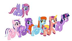 Size: 1030x588 | Tagged: safe, artist:diana173076, bright eyes, starsong, sunny starscout, twilight, twilight sparkle, twilight twinkle, alicorn, earth pony, pegasus, pony, unicorn, g1, g3, g3.5, g4, g5, my little pony tales, artificial horn, artificial wings, augmented, braid, female, flying, folded wings, g1 to g4, g3 to g4, g3.5 to g4, g5 to g4, generation leap, generational ponidox, group, horn, jumping, looking at each other, looking at someone, looking down, magic, magic horn, magic wings, mare, open mouth, open smile, raised hoof, sextet, simple background, smiling, smiling at each other, spread wings, sunny and her heroine, tail, twilight sparkle (alicorn), unshorn fetlocks, walking, white background, wings