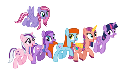 Size: 1030x588 | Tagged: safe, artist:diana173076, bright eyes, starsong, sunny starscout, twilight, twilight sparkle, twilight twinkle, alicorn, earth pony, pegasus, pony, unicorn, g1, g3, g3.5, g4, g5, my little pony tales, artificial horn, artificial wings, augmented, base used, braid, bright eyedorable, colored hooves, cute, female, fluttershy eyes, flying, folded wings, g1 to g4, g1 twiabetes, g3 to g4, g3 twiabetes, g3.5 to g4, g5 to g4, generation leap, generational ponidox, group, horn, jumping, looking at each other, looking at someone, looking down, magic, magic horn, magic wings, mare, open mouth, open smile, race swap, raised hoof, sextet, simple background, smiling, smiling at each other, spread wings, starsawwwng, sunny and her heroine, sunnybetes, sunnycorn, tail, twiabetes, twilight sparkle (alicorn), unshorn fetlocks, walking, white background, wings