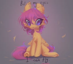 Size: 2048x1790 | Tagged: safe, artist:blcksswn, scootaloo, pegasus, pony, g4, alternate hairstyle, angst, big ears, big eyes, cheek fluff, chest fluff, colored, crying, curly mane, detailed, ear fluff, eyelashes, feather, female, filly, foal, frown, gradient background, long mane, looking away, narrowed eyes, orange coat, purple eyes, purple mane, purple tail, sad, scootaloo can't fly, shiny eyes, sitting, small wings, solo, tail, tall ears, text, wingding eyes, wings, wings down