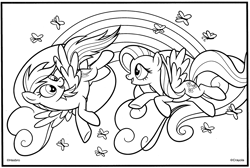 Size: 3101x2088 | Tagged: safe, fluttershy, rainbow dash, butterfly, pegasus, pony, official, black and white, coloring book, coloring page, cute, duo, duo female, female, flying, grayscale, looking at each other, looking at someone, mare, monochrome, open mouth, open smile, rainbow, smiling, spread wings, stock vector, wings