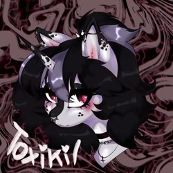 Size: 4680x4680 | Tagged: safe, artist:toxikil, oc, oc only, oc:blitz chord, pony, unicorn, abstract background, bangs, blushing, bust, choker, ear piercing, emo, eye clipping through hair, eyelashes, freckles, horn, horn ring, jewelry, makeup, necklace, nose piercing, nose ring, pfp, piercing, ponytail, red eyes, ring, solo, spikes, unicorn oc