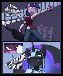 Size: 3120x3762 | Tagged: safe, nightmare moon, twilight sparkle, anthro, br, brh, by, cbat, comic, gun, in, insanity, no, water, weapon