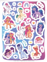 Size: 488x650 | Tagged: safe, argyle starshine, hitch trailblazer, izzy moonbow, pipp petals, sprout cloverleaf, sunny starscout, zipp storm, earth pony, pegasus, pony, unicorn, g5, official, 2d, happy, heart, horn, horseshoes, hug, looking at each other, looking at someone, looking at you, looking down, mane five, mane stripe sunny, merchandise, rainbow, scan, scanned, smiling, smiling at you, stars, sticker, sticker set