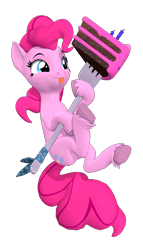 Size: 2000x3500 | Tagged: safe, artist:owlpirate, pinkie pie, earth pony, pony, g4, 3d, cake, cute, diapinkes, female, food, fork, giant food, high res, imminent consumption, imminent stuffing, kitchen eyes, leg hold, mare, simple background, solo, source filmmaker, tongue out, transparent background, unshorn fetlocks