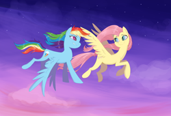 Size: 3750x2550 | Tagged: safe, artist:shanyata, fluttershy, rainbow dash, pegasus, pony, g4, female, flying, high res, lesbian, looking at each other, looking at someone, mare, ship:flutterdash, shipping, sky, smiling, smiling at each other, spread wings, windswept mane, wings, wings down