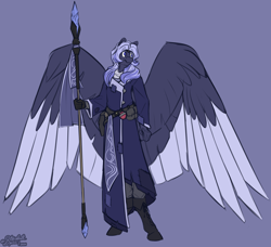 Size: 4000x3650 | Tagged: safe, artist:stardustspix, oc, oc only, oc:kyanite arc, pegasus, pony, anthro, unguligrade anthro, amputee, bag, belt, boots, clothes, colored wings, crystal, eyebrows, eyebrows visible through hair, high res, male, no pupils, potion, prosthetic arm, prosthetic limb, prosthetics, robes, shoes, solo, staff, stallion, two toned mane, wings