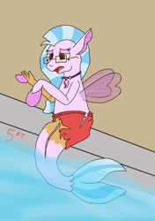Size: 534x760 | Tagged: safe, artist:wereskunk, silverstream, human, seapony (g4), g4, clothes, fin wings, fins, glasses, human to seapony, jewelry, legs fusing, lidded eyes, male to female, mid-transformation, necklace, open mouth, rule 63, seapony silverstream, sitting, solo, swimming pool, swimming trunks, swimsuit, torn clothes, torn swimming trunks, transformation, transgender transformation, water, wings