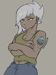 Size: 3072x4096 | Tagged: safe, artist:metaruscarlet, limestone pie, human, clothes, crossed arms, ear piercing, earring, female, holder's boulder, humanized, jewelry, muscles, muscular female, not gilda, piercing, simple background, solo, tattoo