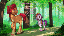 Size: 2048x1152 | Tagged: safe, artist:mythical artist, sunny starscout's mother, oc, oc:sunspot, earth pony, pony, g5, duo, duo female, ears back, female, filly, foal, forest, looking back, mare, mother and child, mother and daughter, nature, open mouth, open smile, outdoors, raised hoof, raised leg, signature, smiling, tail, tree, unshorn fetlocks, walking, younger