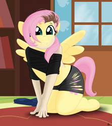 Size: 1810x2036 | Tagged: safe, artist:redpaladin, fluttershy, human, pegasus, pony, g4, all fours, brown hair, clothes, detailed background, gritted teeth, human shoulders, human to pony, light skin, male to female, mid-transformation, ripping clothes, teeth, transformation, transgender transformation