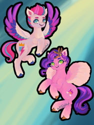 Size: 768x1024 | Tagged: safe, artist:acewykkyd, pipp petals, zipp storm, pegasus, pony, g5, diadem, duo, duo female, female, flying, jewelry, looking at you, open mouth, open smile, regalia, royal sisters (g5), siblings, signature, sisters, smiling, spread wings, tail, unshorn fetlocks, wings