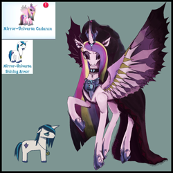 Size: 1280x1280 | Tagged: safe, artist:acewykkyd, gameloft, princess cadance, shining armor, alicorn, pony, unicorn, g4, my little pony: magic princess, alternate universe, bags under eyes, choker, clothes, crown, dress, duo, duo male and female, evil cadance, female, floppy ears, gameloft interpretation, height difference, hoof shoes, horn, jewelry, lidded eyes, lock, looking at you, male, mare, meme, mirror universe, peytral, princess shoes, raised hoof, redraw, regalia, sad, ship:shiningcadance, shipping, size difference, spread wings, stallion, straight, tail, the bride and the ugly ass groom, unshorn fetlocks, wings