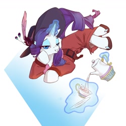 Size: 1300x1300 | Tagged: safe, artist:echoes580, rarity, pony, unicorn, g4, abstract background, clothes, coat, cup, detective, detective rarity, fedora, female, grin, hat, horn, lying down, magic, mare, on side, plate, smiling, solo, teacup, teapot, telekinesis, trenchcoat
