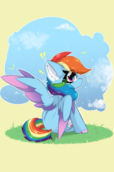 Size: 2000x3000 | Tagged: safe, artist:jubyskylines, rainbow dash, pegasus, pony, g4, cloud, colored pinnae, colored wings, ear fluff, emanata, exclamation point, eye clipping through hair, female, grass, heart, high res, hoof polish, looking at you, looking back, looking back at you, mare, one wing out, simple background, sitting, smiling, solo, spread wings, two toned wings, wing fluff, wings, yellow background
