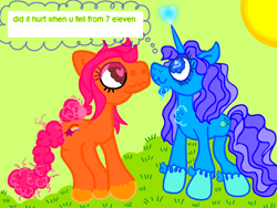 Size: 1024x768 | Tagged: safe, artist:girisstuxxd, izzy moonbow, sunny starscout, earth pony, pony, unicorn, g5, :3, chest fluff, duo, duo female, female, floating heart, grass, heart, heart eyes, horn, lesbian, magic, malapropism, mare, outdoors, ship:moonscout, shipping, sun, tail, thought bubble, unshorn fetlocks, wingding eyes